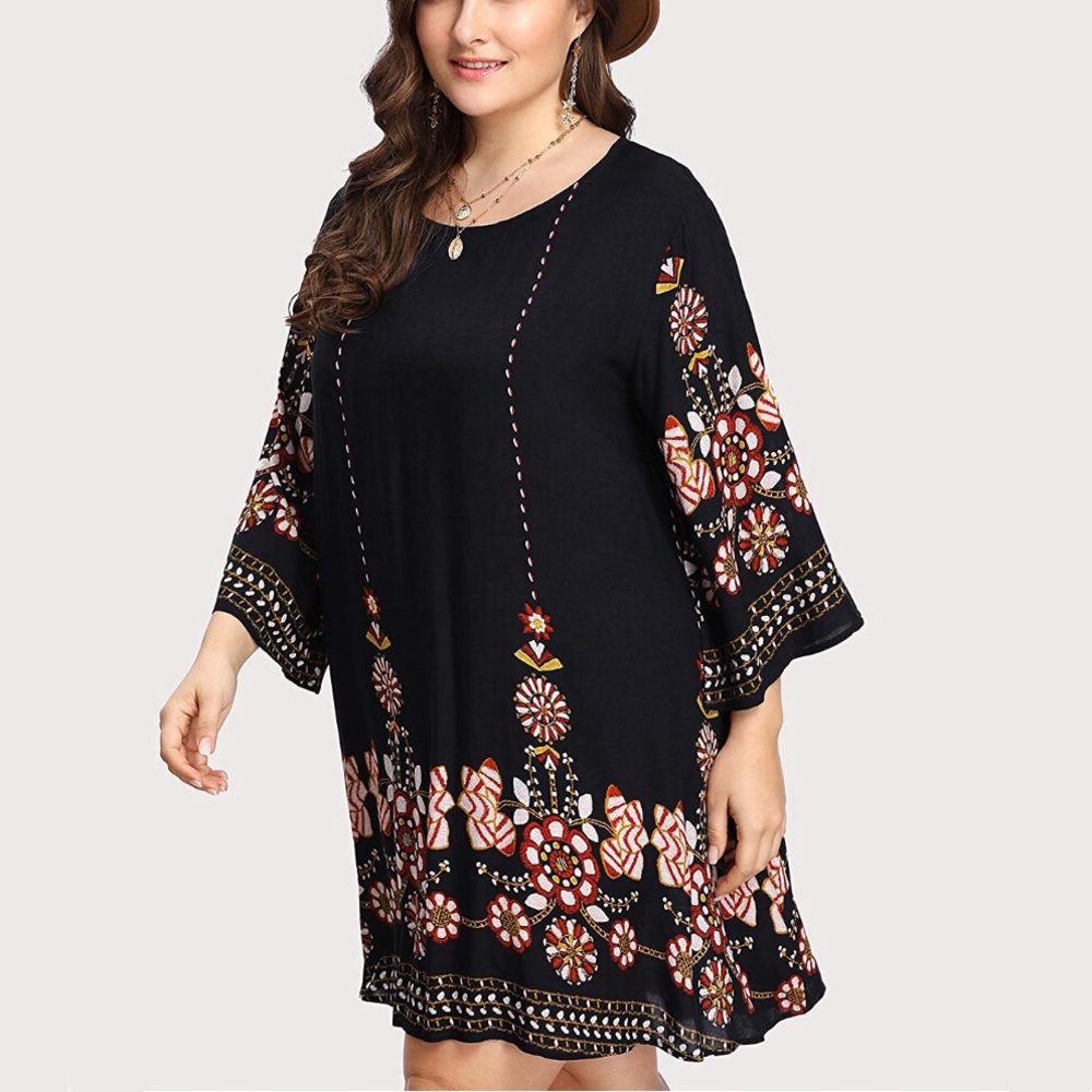 Plus Size Boho print Swing Babydoll Dress, 0-3X - Picture 6 of 7